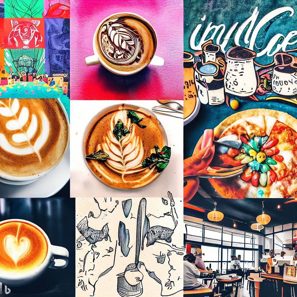 A vibrant collage featuring indie cafés, latte art, artists with their coffee-inspired artworks, and various dishes made with coffee as an ingredient, encapsulating the artistic and culinary aspects of coffee culture.