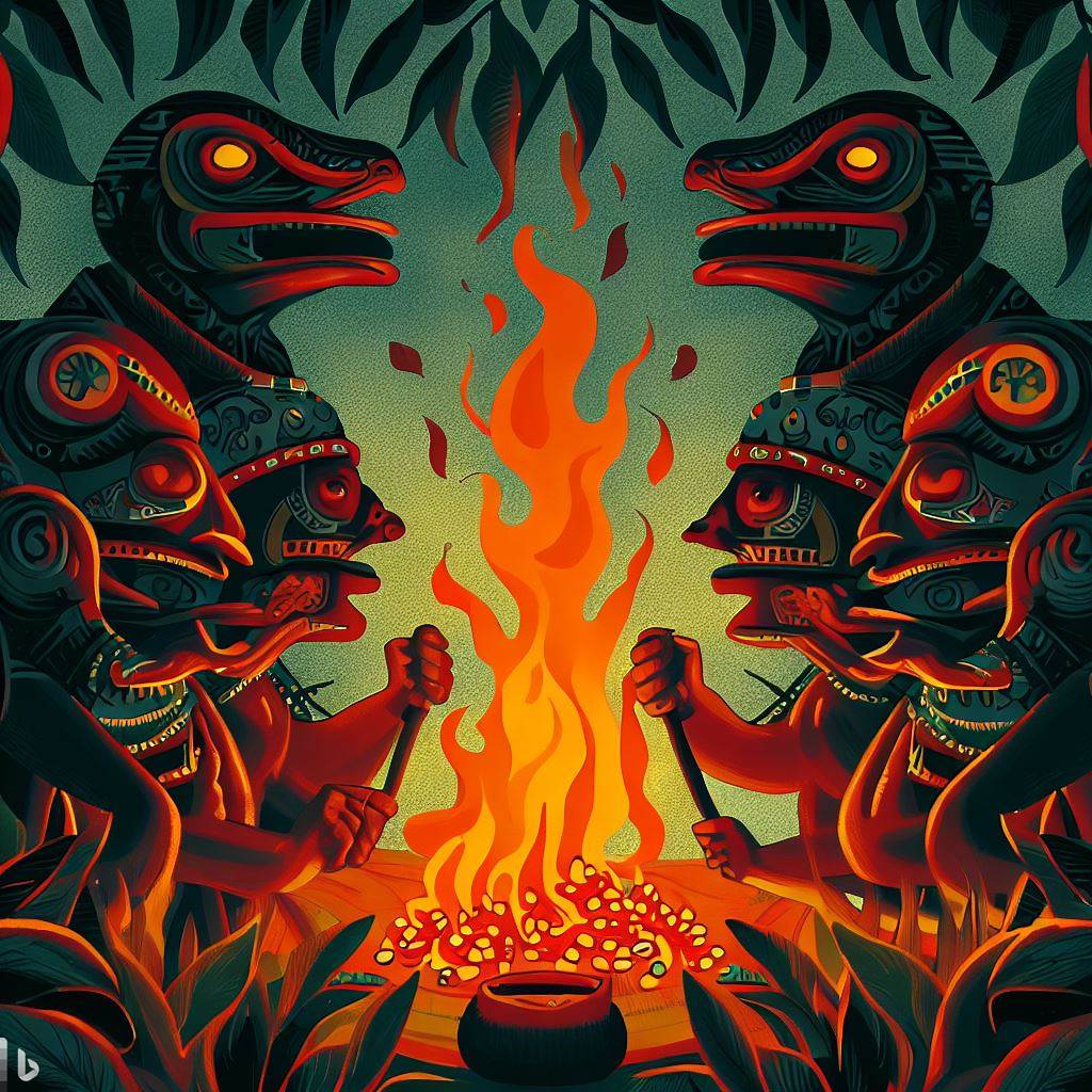 Create an illustration depicting a Mayan or Aztec ritual involving the use of chile peppers as offerings or amulets.