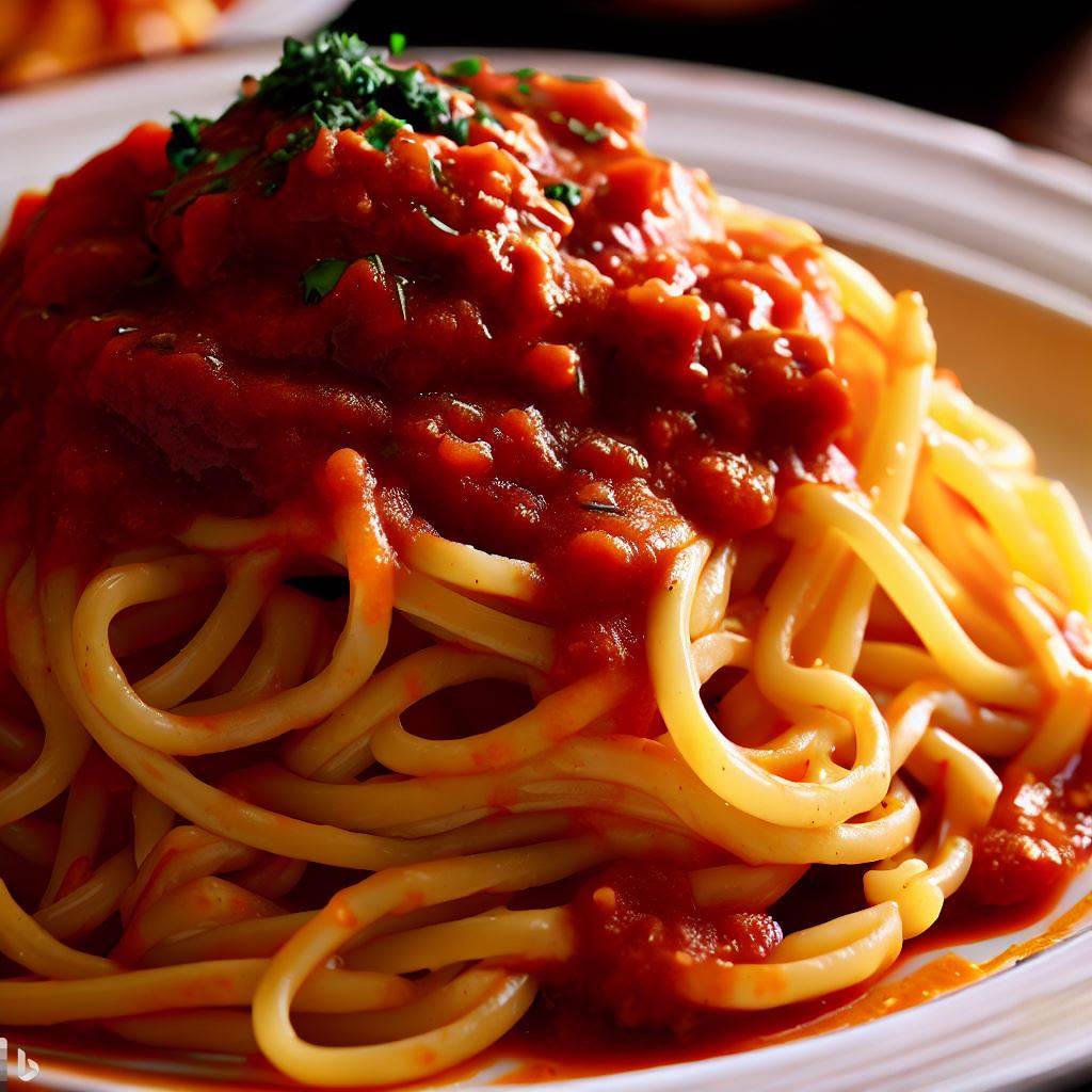 a photograph of a delicious-looking, beautifully plated meal of pasta with marinara sauce