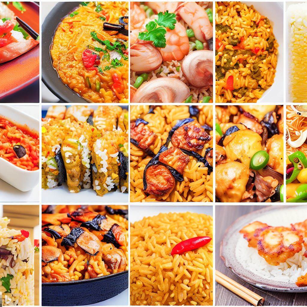 Collage of diverse rice dishes including Spanish paella, Indian biryani, Japanese sushi, Italian risotto, and African jollof rice.