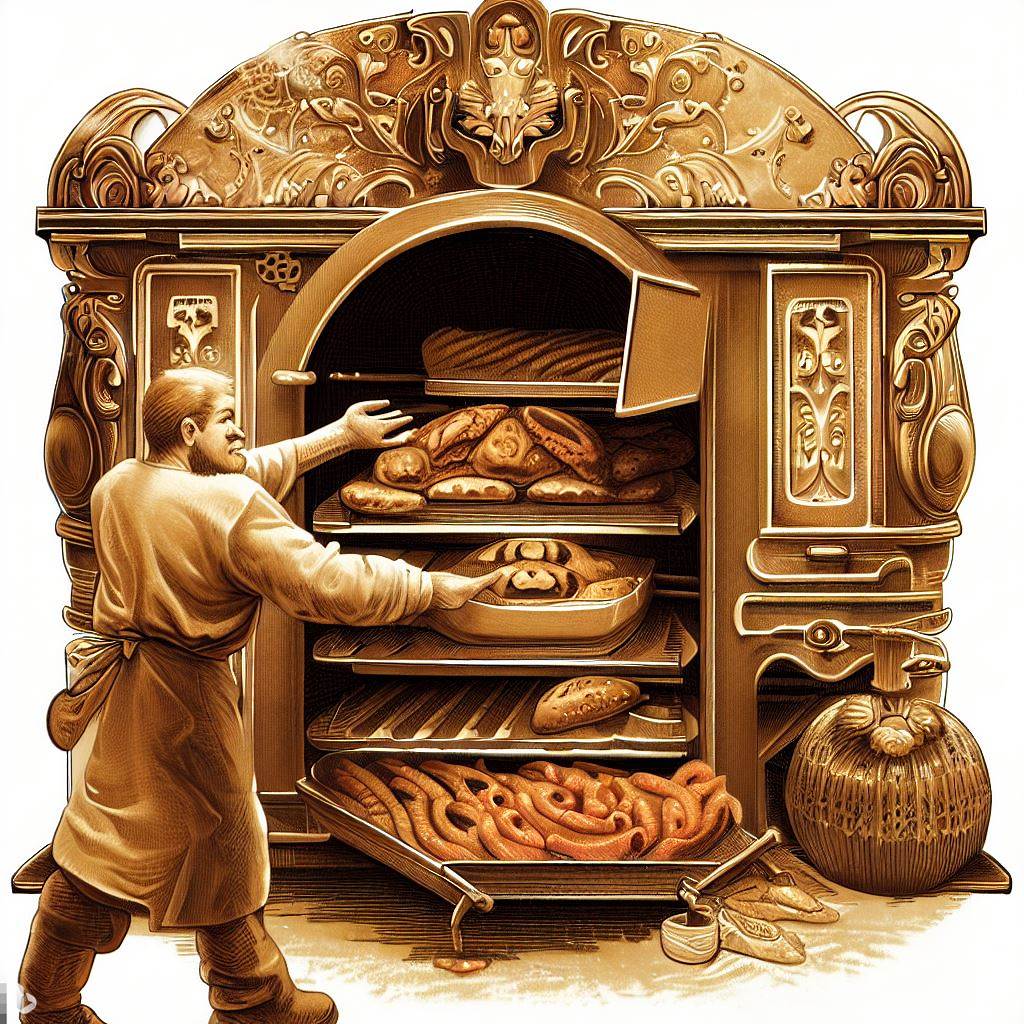 An illustration of a Renaissance baker pulling out a tray of enriched breads and pastries from an ornate oven.