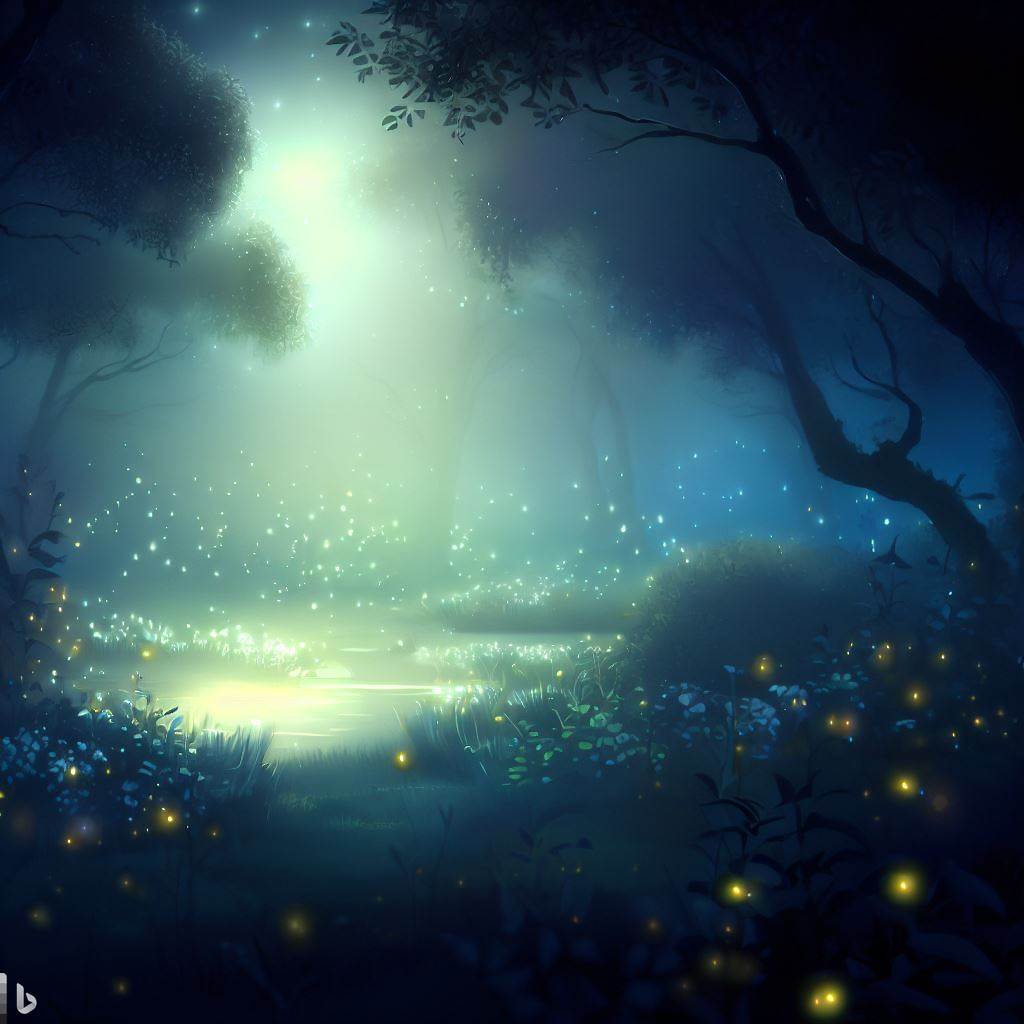 A serene nighttime garden scene illuminated by moonlight and dotted with twinkling fireflies.