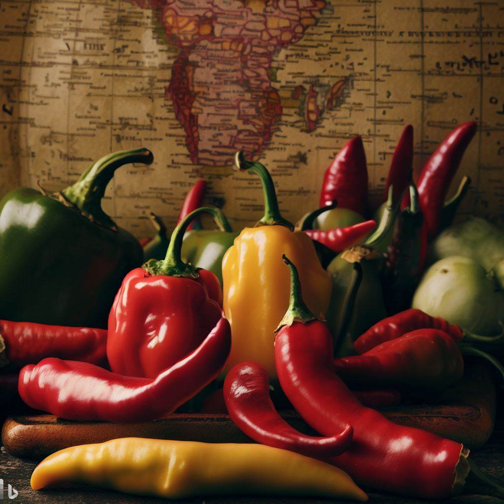 Create a visually engaging image featuring different types of chiles—red, green, and yellow—arranged aesthetically in a rustic setting. Add a vintage map in the background to symbolize their global journey.