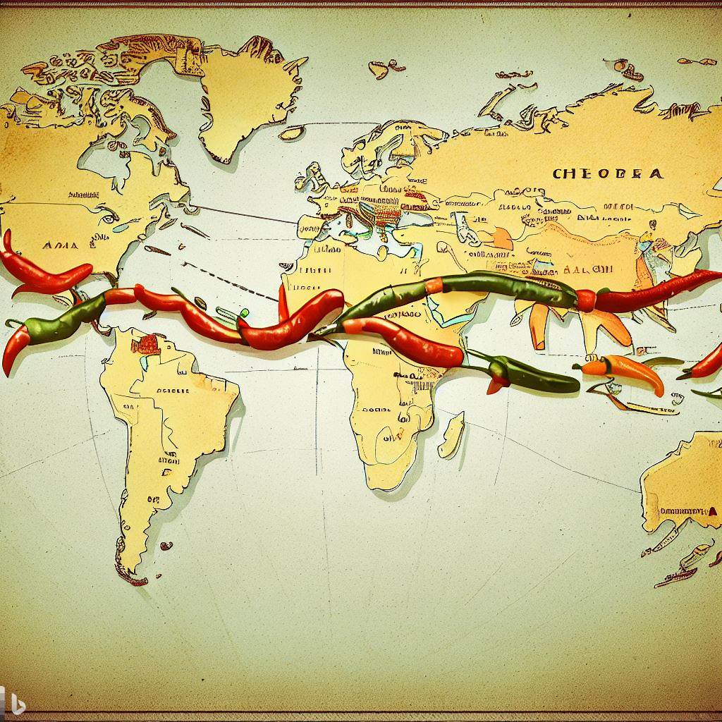 Create a vintage map illustration showing the global journey of chiles from the Americas to Africa, Asia, and Europe.