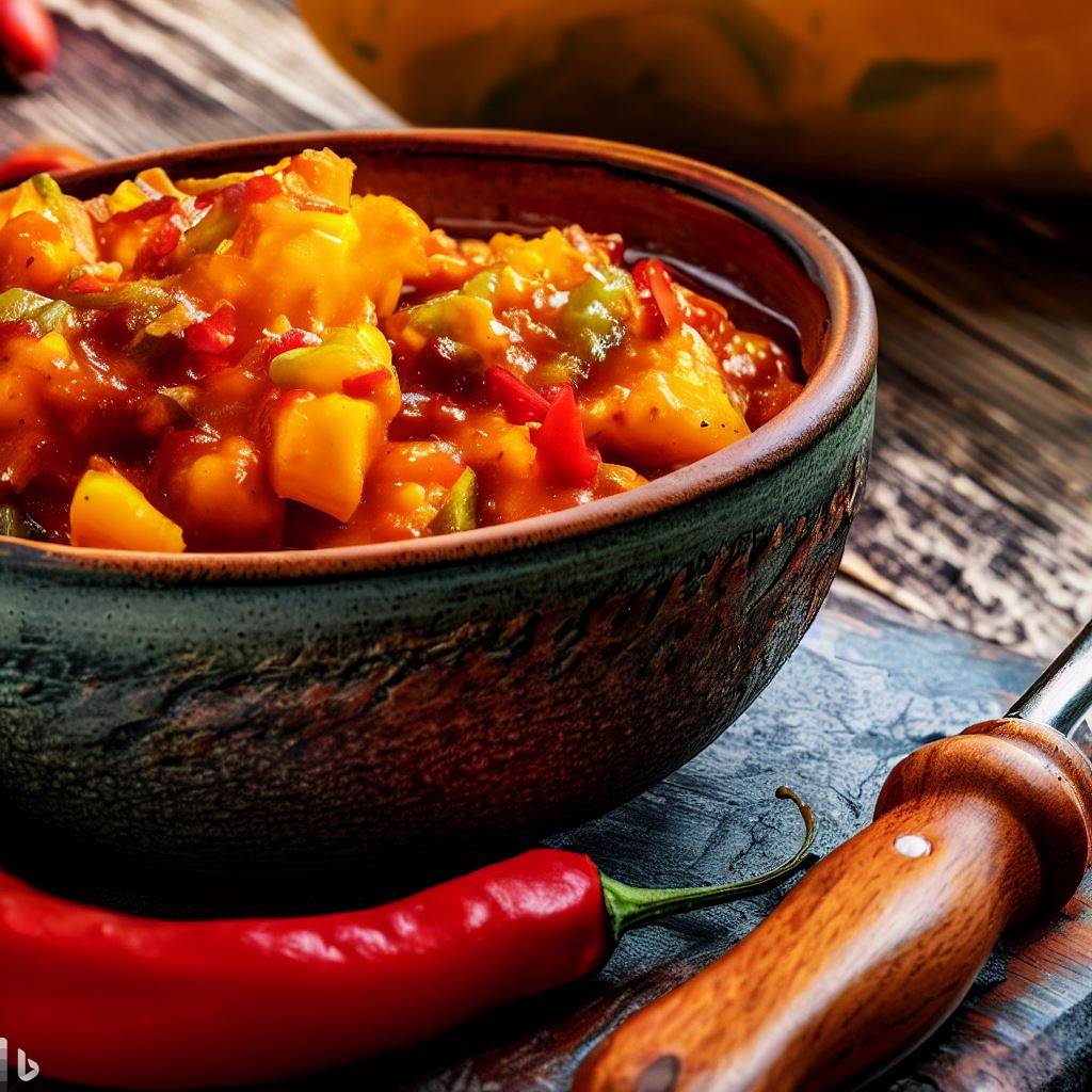A close-up view of the Spicy Mango-Chile Salsa in a ceramic bowl, its vibrant colors in contrast with a rustic wooden table. A painting brush and a canvas with abstract strokes capturing the essence of chiles are set beside the bowl.