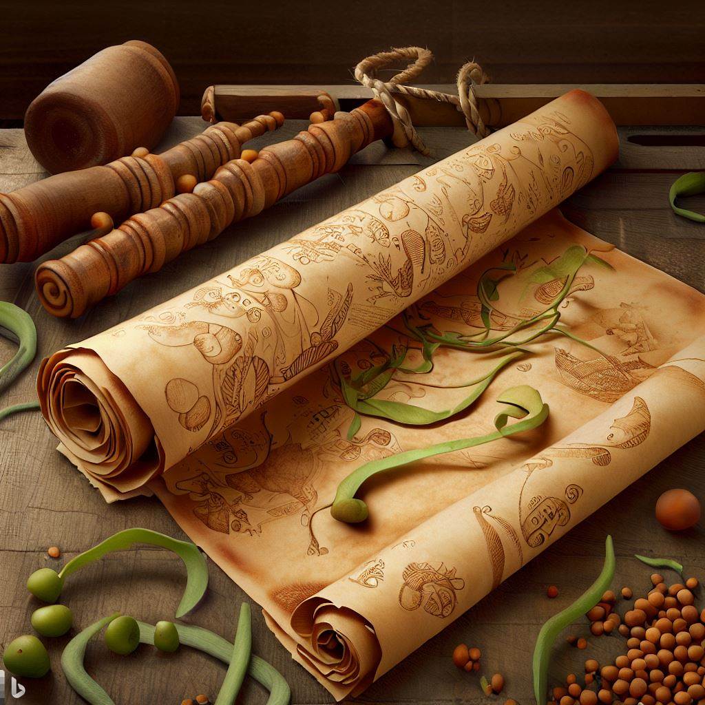 create an image of an ancient scroll unfurling to reveal illustrations of lentil plants and ancient agricultural tools, placed against a rustic wooden table.
