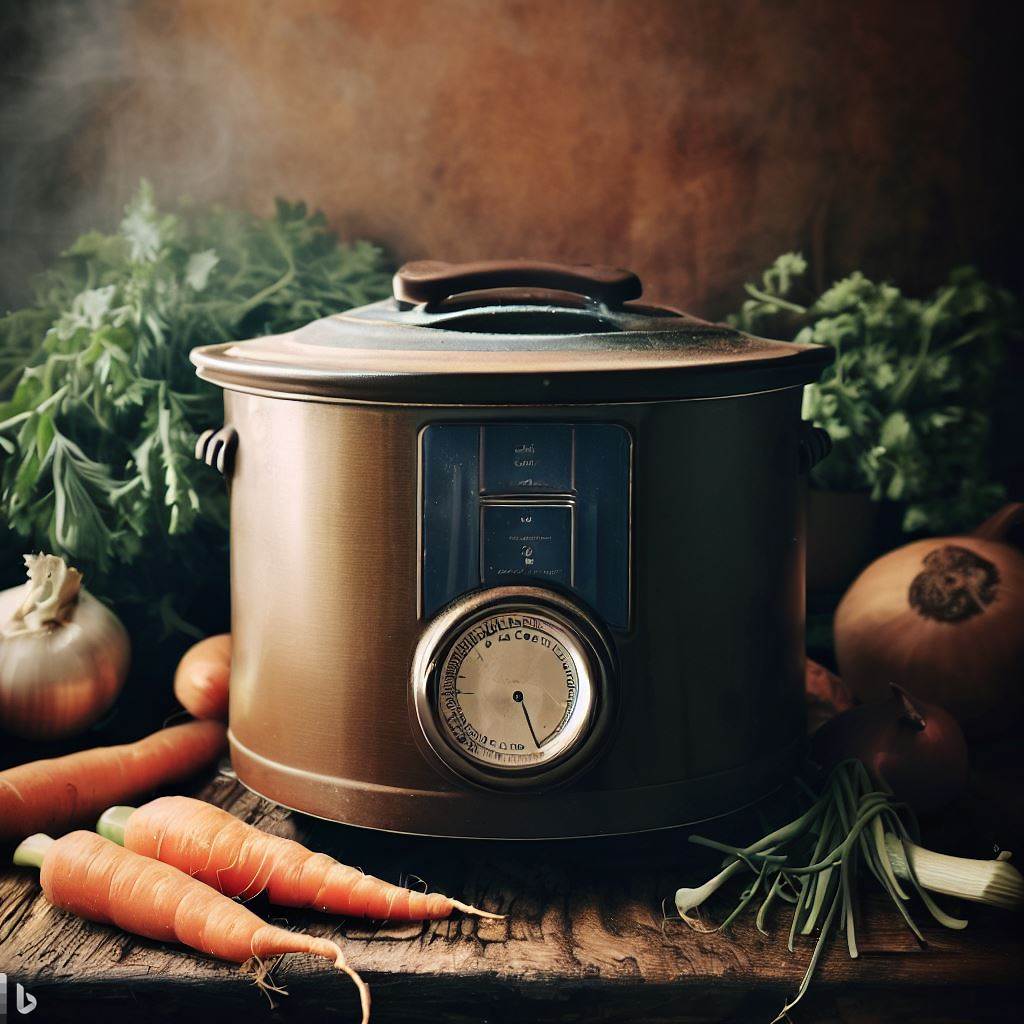 A photograph of a vintage slow cooker sitting on a wooden countertop, surrounded by fresh ingredients like carrots, onions, and herbs.
