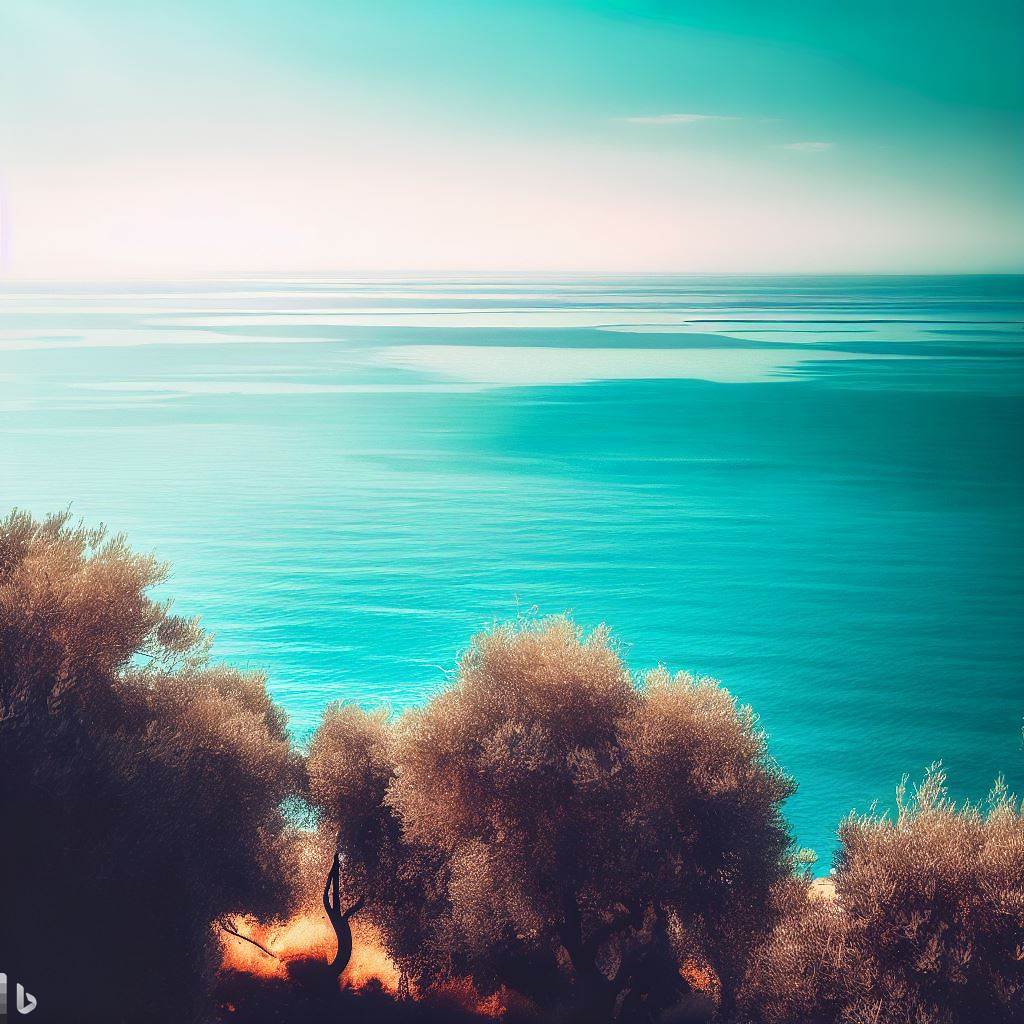 A scenic image of the Mediterranean coastline with olive trees in the foreground and the blue sea stretching into the horizon, perfectly capturing the essence of Mediterranean life.
