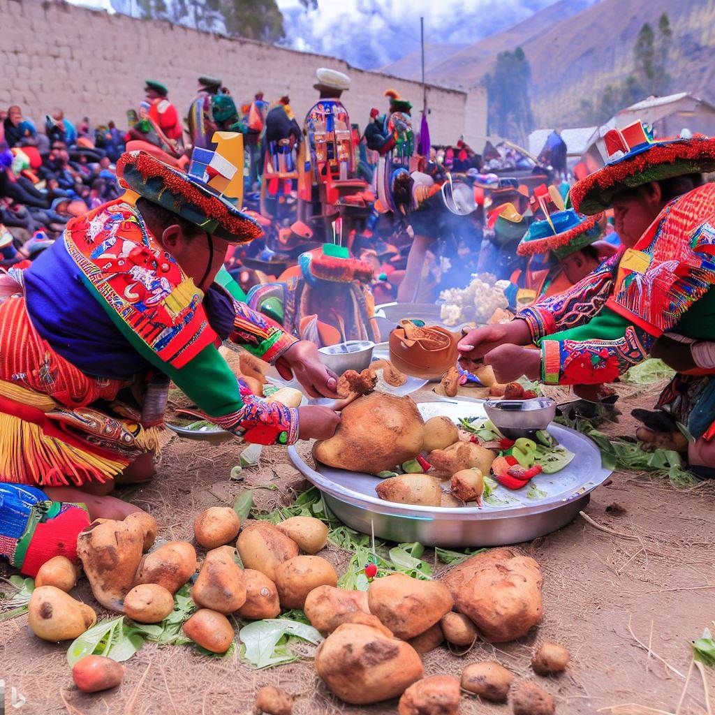 Create an image that illustrates an Andean potato festival, showing local people in traditional attire celebrating with various potato dishes and rituals.