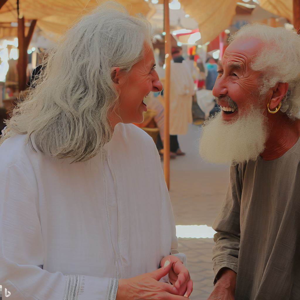 Create a candid image of a middle-aged joyful woman with grey hair talking to an elderly vendor at a Marrakech market. Both should be laughing.