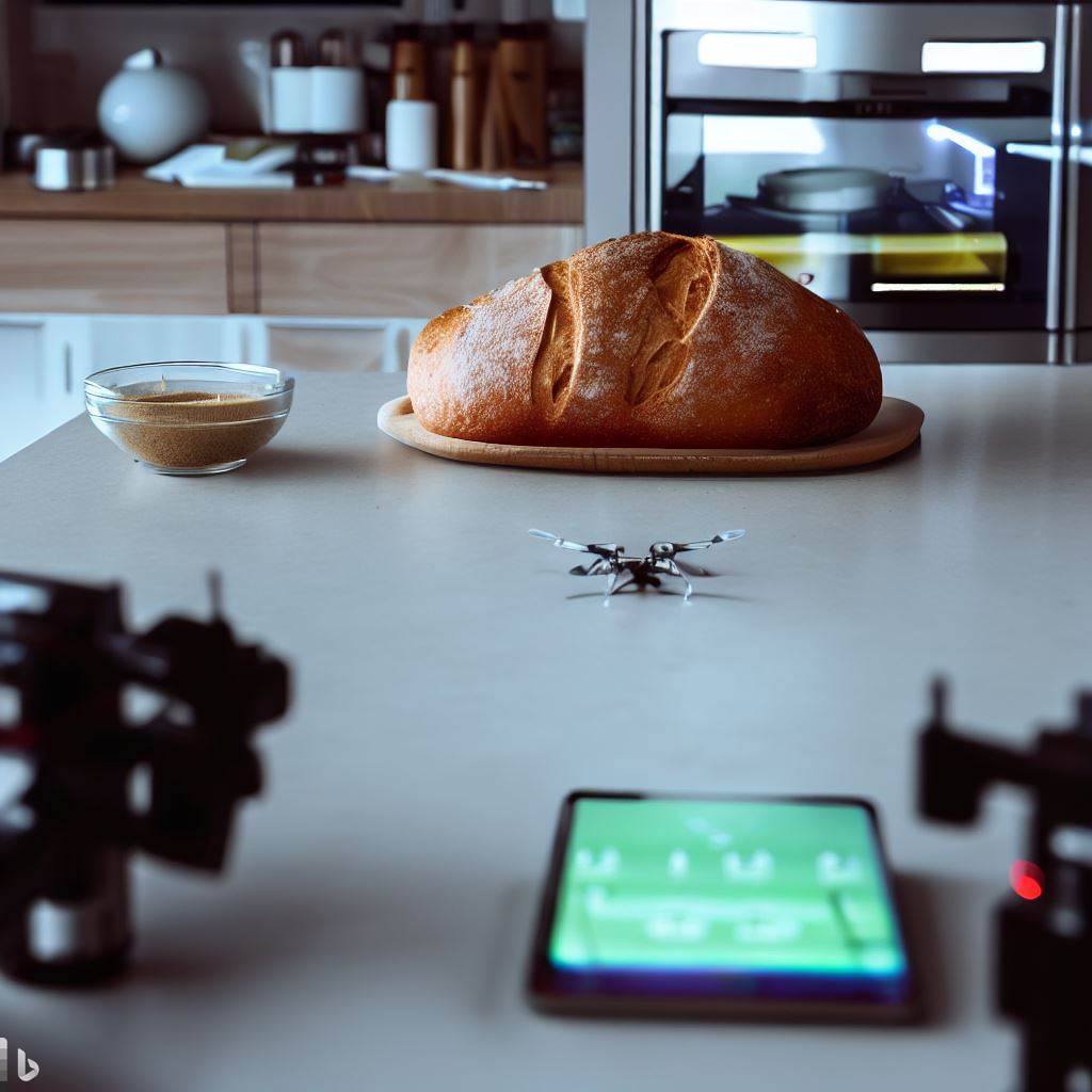 A modern kitchen with IoT devices, drones, and lab equipment focused on a freshly baked loaf of sourdough bread.