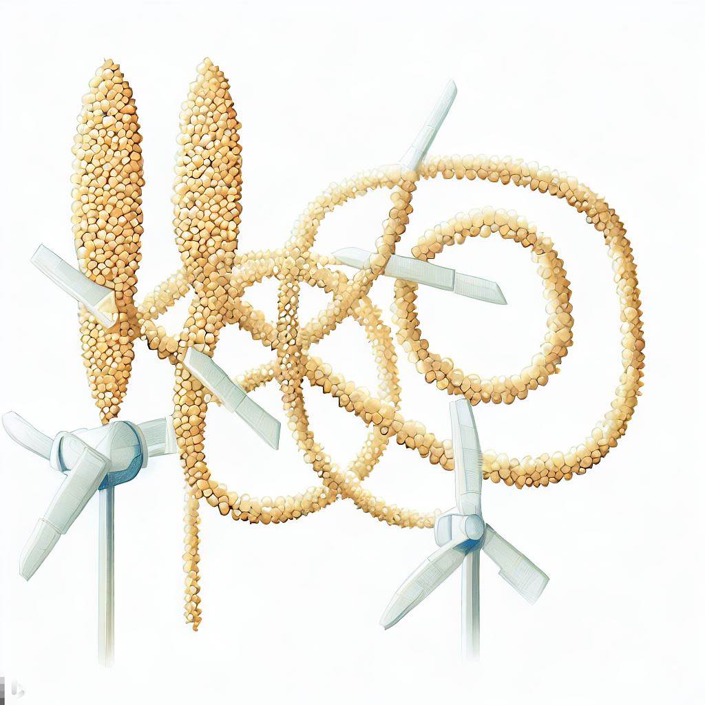 An artful illustration of quinoa grains intertwined with miniature wind turbines and solar panels