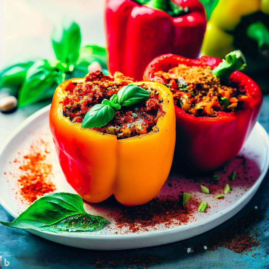 A vibrant photograph of stuffed bell peppers on a white plate, sprinkled with homemade pepper dust, garnished with fresh basil leaves.