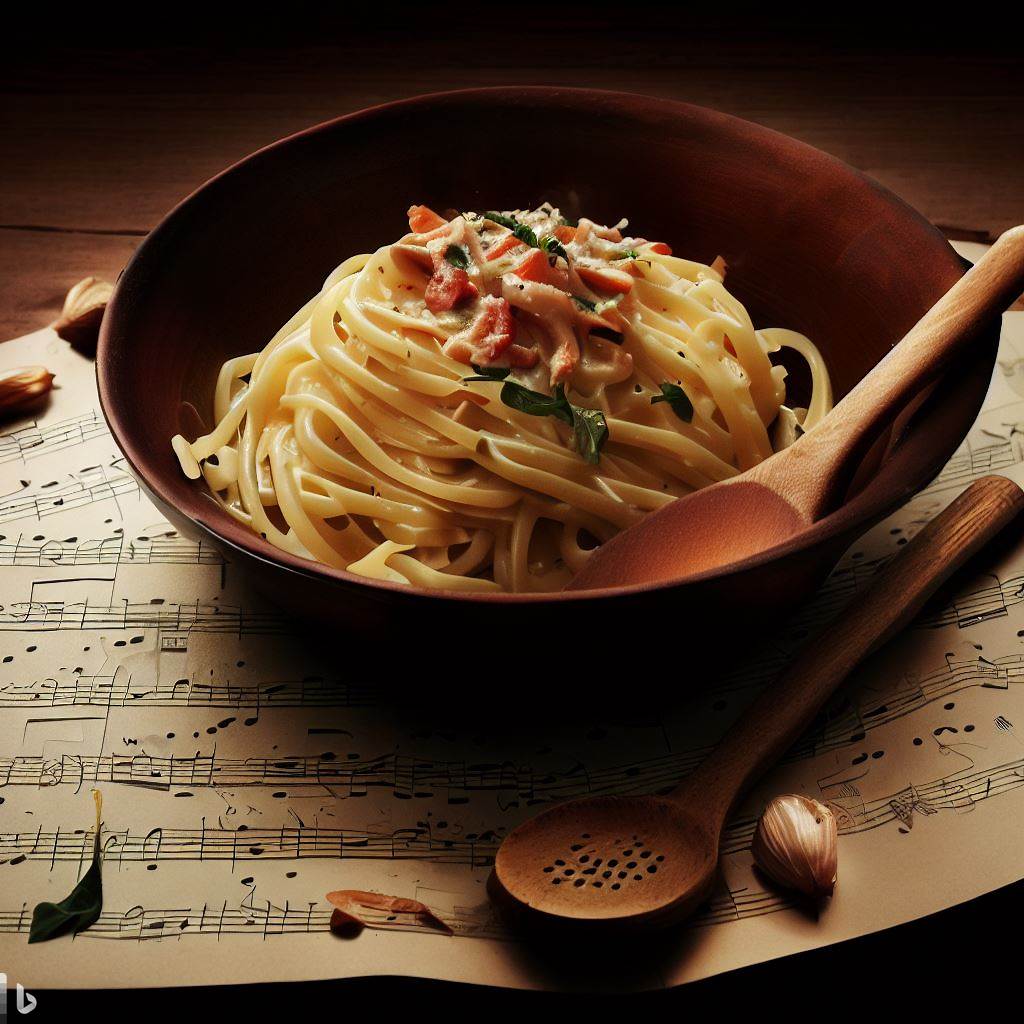Create an image of a bowl of spaghetti carbonara, accompanied by a wooden spoon and a musical note sheet. The image should capture the harmony between music and the dish.