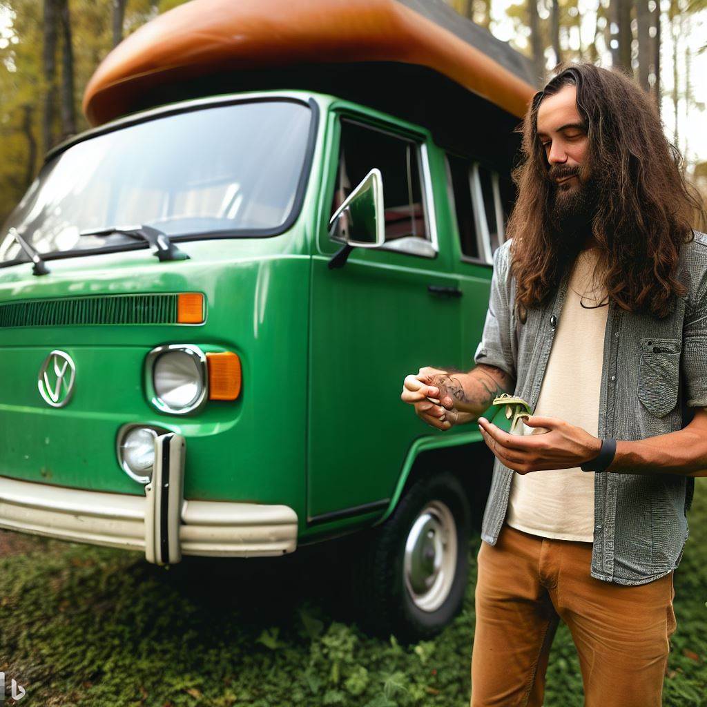 A young man with long wavy brown hair, goatee and mustache, standing near a green vintage VW van named Basil, holding a mushroom and looking at it curiously.