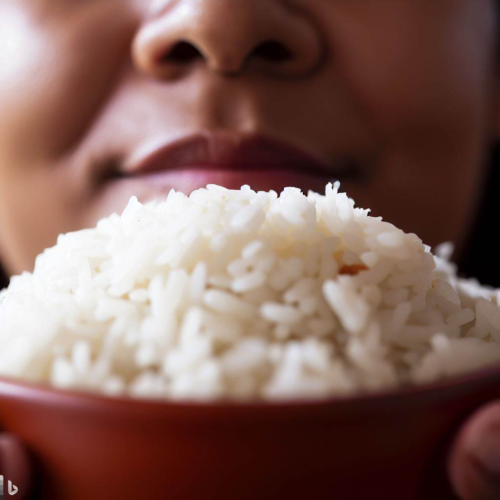 Close-up of a person eating rice mindfully with their eyes closed, exuding a sense of peace and satisfaction.