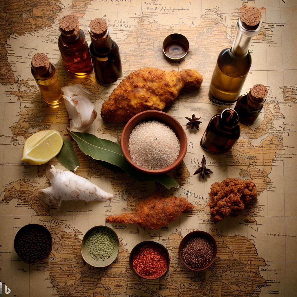 A photograph showcasing various essential oils and spices used in fried chicken recipes, laid out on an antique map to symbolize their historical trade routes.