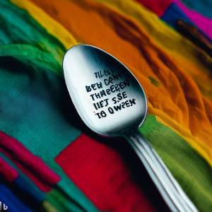 An aesthetically pleasing shot of a spork made from recycled materials, laid on a colorful napkin, with text saying, "Be the change you wish to see on your plate.
