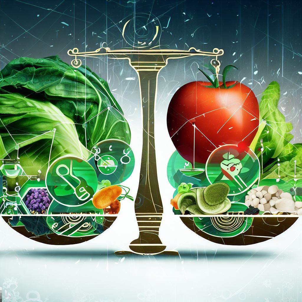 Create an intricate digital illustration that depicts a balanced scale. On one side of the scale, place various healthy, sustainable food items like fruits, vegetables, and legumes, intertwined with a green leaf to symbolize sustainability. On the other side, place digital icons representing recommendation algorithms, gears, and computer code, but have some of them morph into symbols of health like a heart or a vitamin bottle. In the background, subtly include a planet Earth 