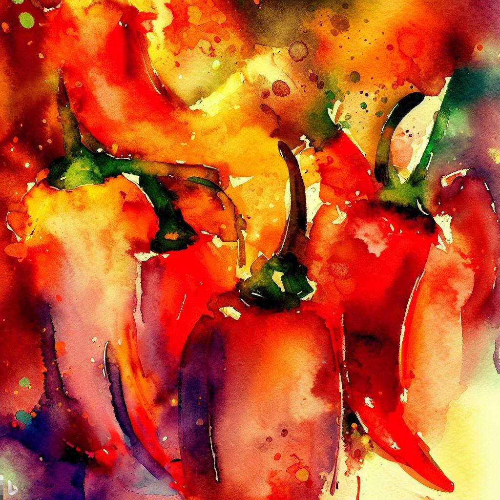 A watercolor painting inspired by the topic, showing abstract impressions of various chiles against a vivid backdrop, bold brush strokes emphasizing their fiery essence.