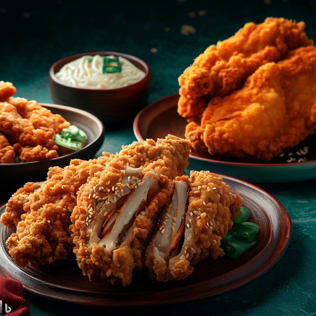 A vivid, high-quality photograph capturing the essence of global fried chicken styles—Korean, Japanese, and German—each situated in its respective cultural setting.