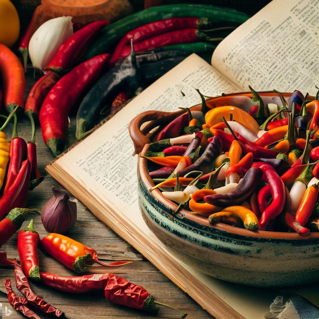 A rustic wooden table with an array of different types of chiles, from mild to fiery, artistically arranged in a ceramic bowl, with a vintage cookbook open to a page on chile recipes and a paintbrush beside it.