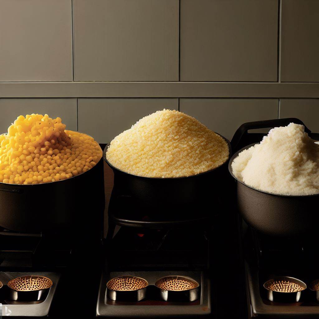 A photograph showing a trio of cornmeal dishes—polenta from Italy, grits from America, and ugali from Africa—next to a multi-burner stovetop to symbolize the concept of parallel processing.