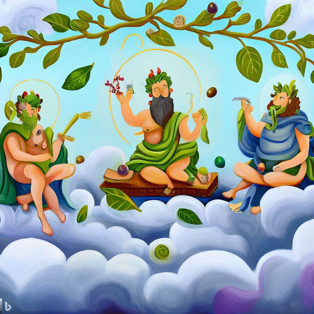 A whimsical painting of ancient Greek gods feasting on olives and figs while sitting on clouds, with olive branches and fig leaves artistically scattered around.