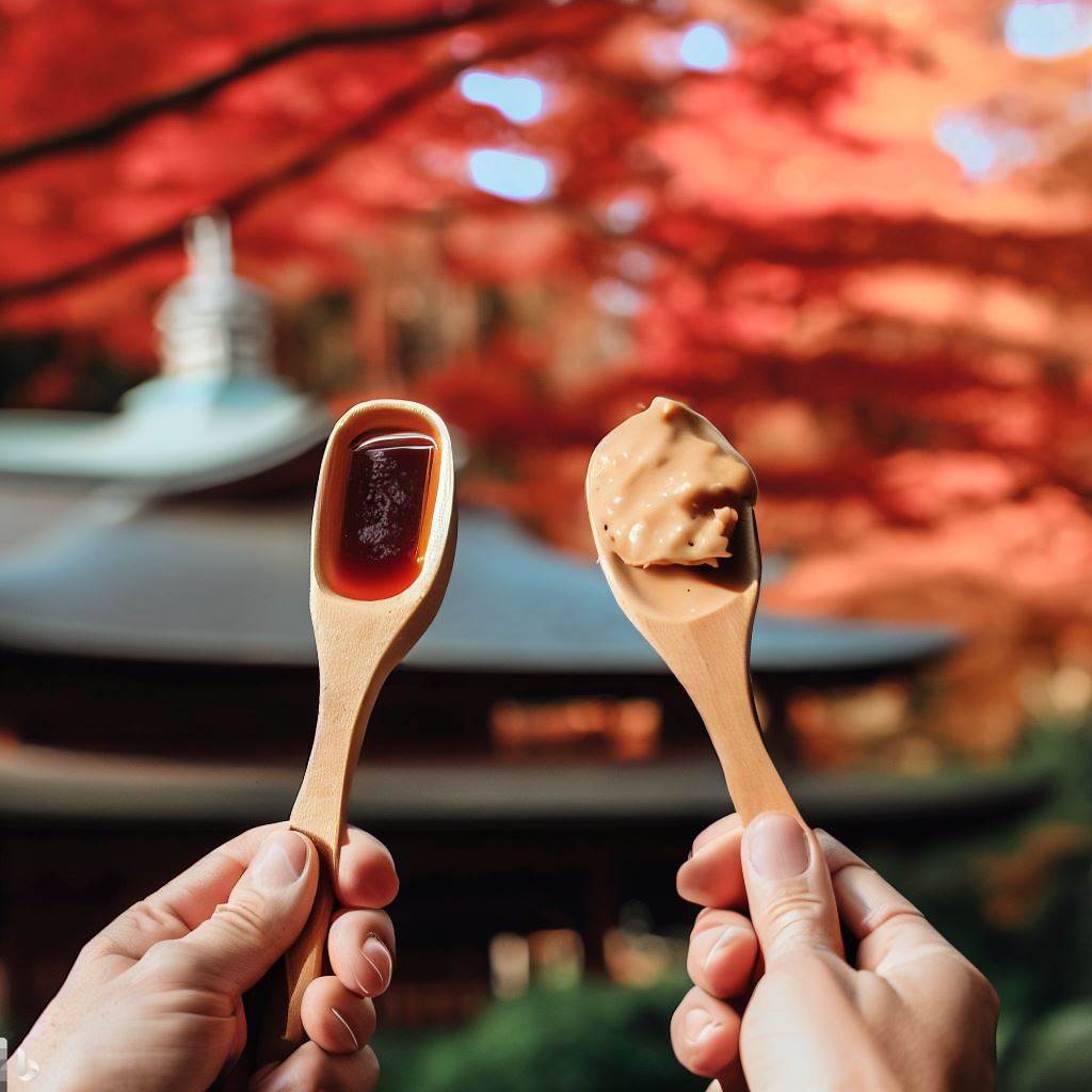 Two hands holding wooden spoons, one filled with miso and the other filled with maple syrup, against a backdrop of a Japanese temple and New England autumn foliage.