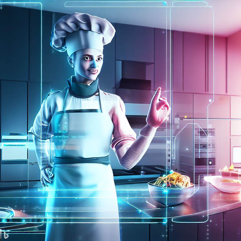 A futuristic, holographic AI chef in a chef's hat and apron, standing in a smart kitchen, offering cooking tips on a holographic screen.
