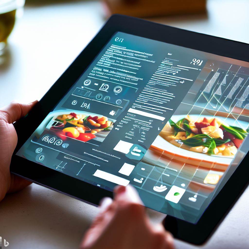 A modern digital cookbook opened on a tablet screen, showing an interactive recipe being generated based on user data.