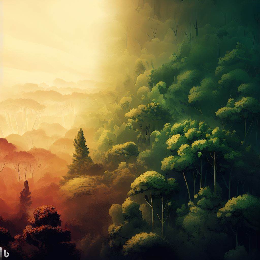 Create an emotional illustration of a lush, healthy forest juxtaposed with an area where the vegetation is scarce due to overharvesting.