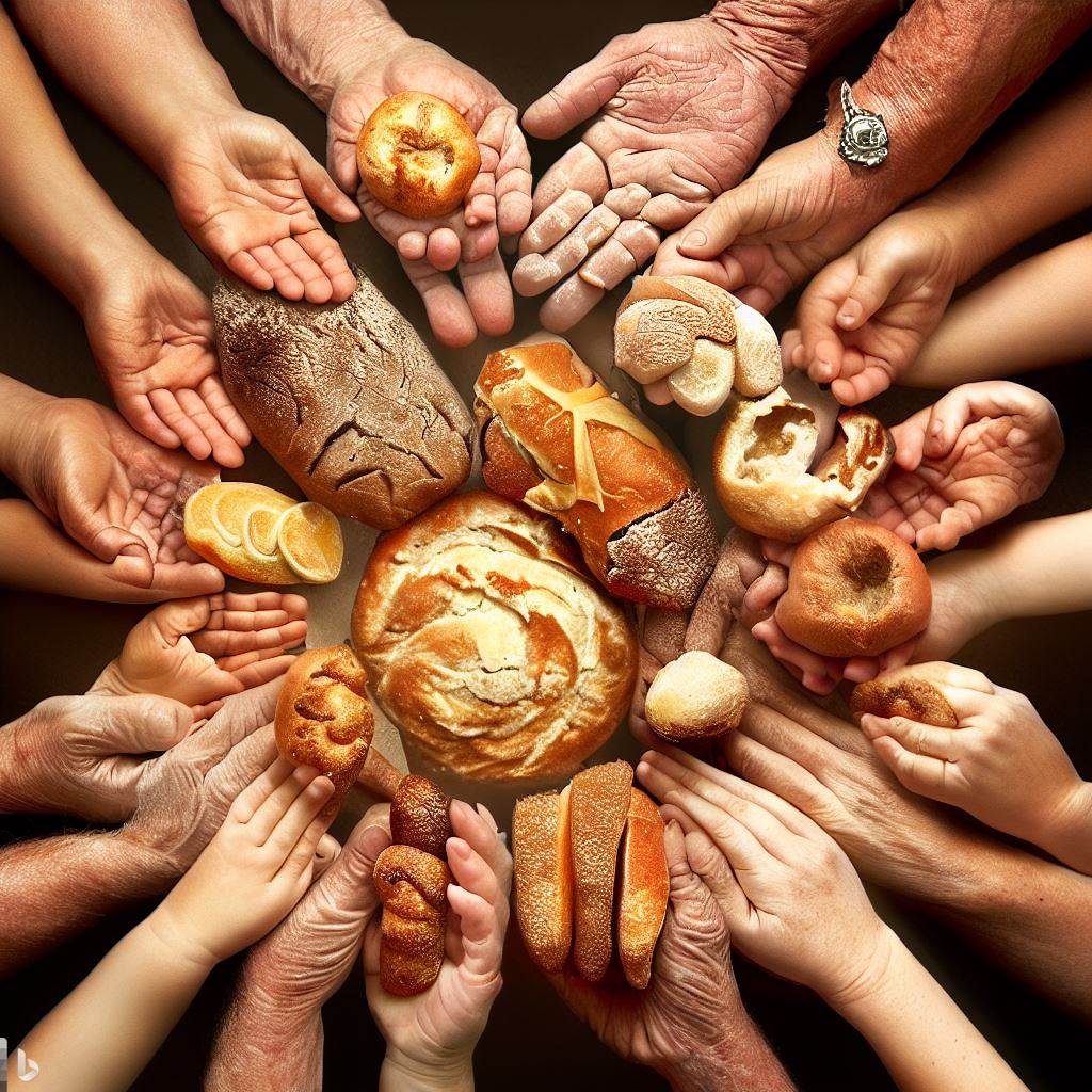 Hands of different ages, from a child to an elderly person, each holding a different type of bread, arranged in a circular, clock-like fashion