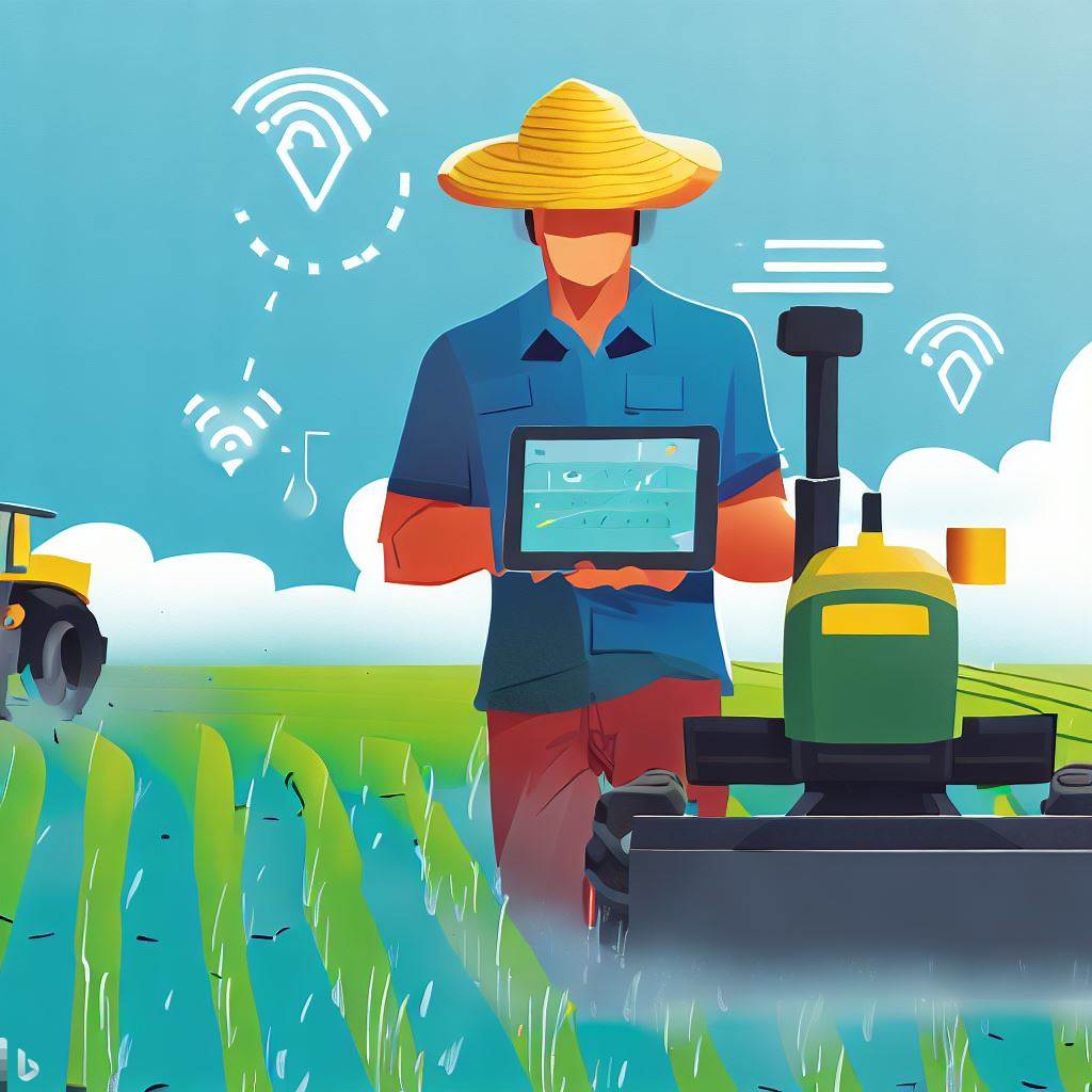 An illustration of a farmer using a tablet to control a GPS-guided tractor and soil moisture sensors in a rice field.
