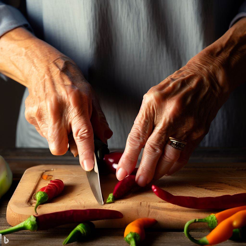 Create a photo featuring my hands, of a middle-aged, joyful, slim white woman with short grey hair, skillfully chopping different types of chiles on a wooden chopping board.