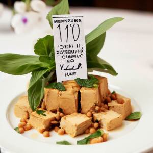 A beautifully plated serving of plant-based protein like tofu or tempeh, garnished with fresh herbs, placed beside a small sign that reads "100% Plant-Based.