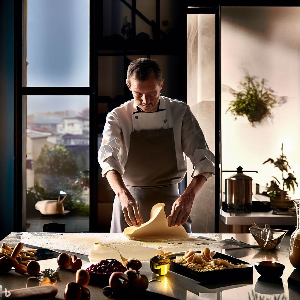 A contemporary kitchen with a chef rolling out fresh ravioli dough, with ingredients scattered around and a hint of a medieval Italian streetscape outside the window.