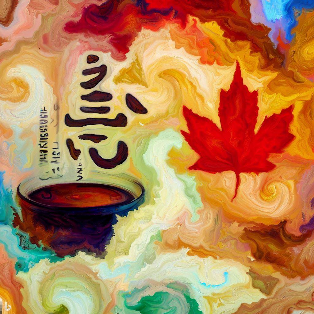 An impressionist painting featuring colors and motifs representing miso and maple syrup coming together harmoniously.