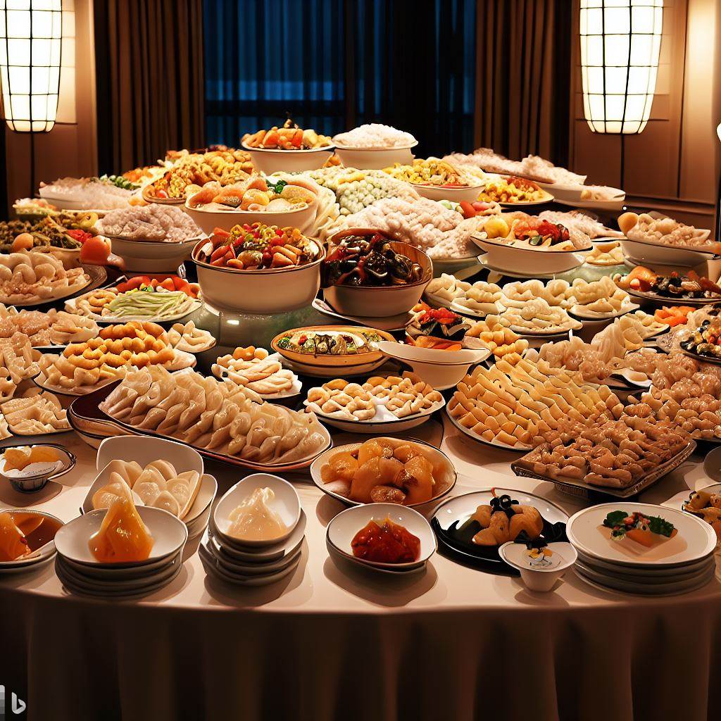 Create an image of a modern banquet table lavishly spread with various types of dumplings from around the world.