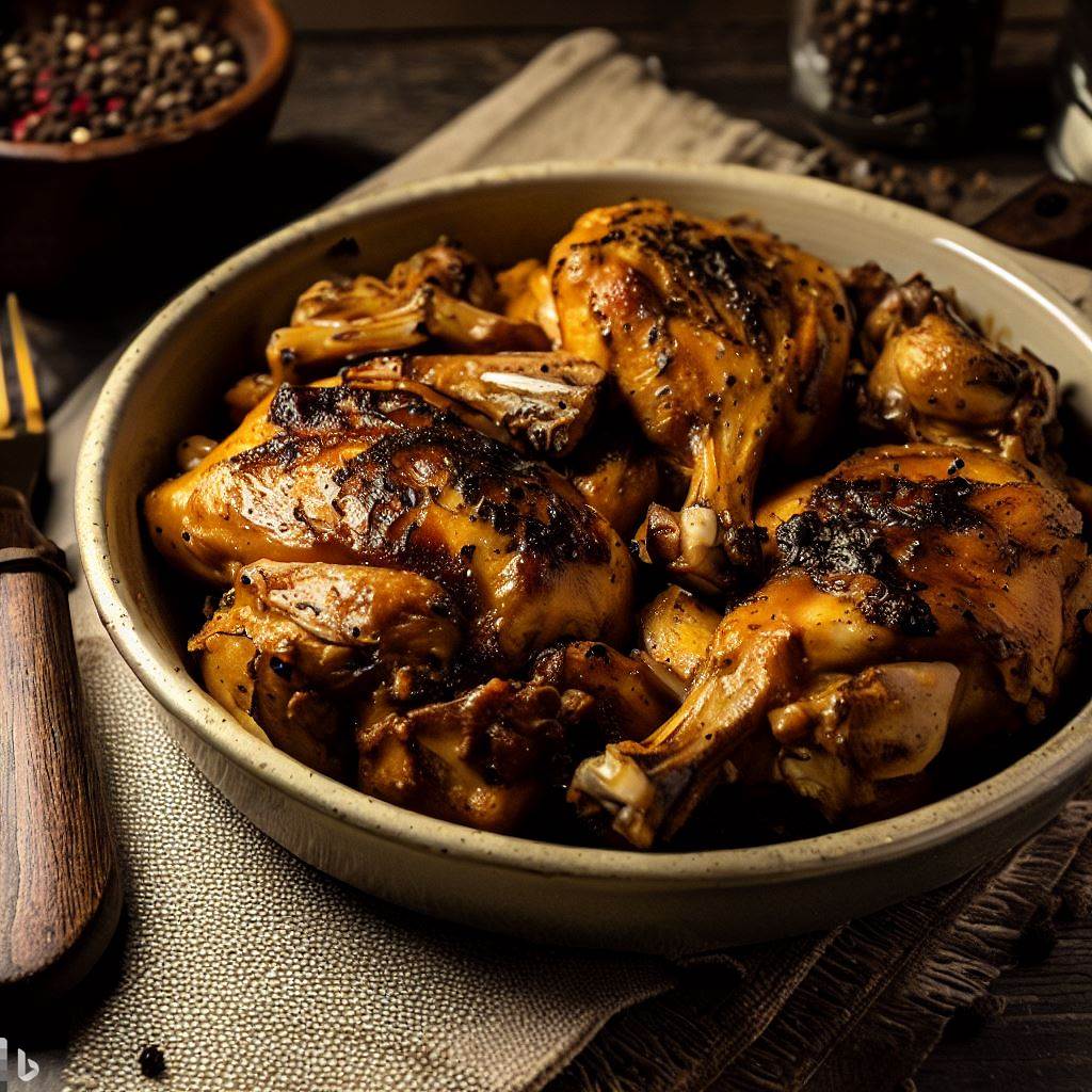 Generate an image of a well-prepared dish of black pepper chicken, placed on a rustic table as if it's ready to be served.