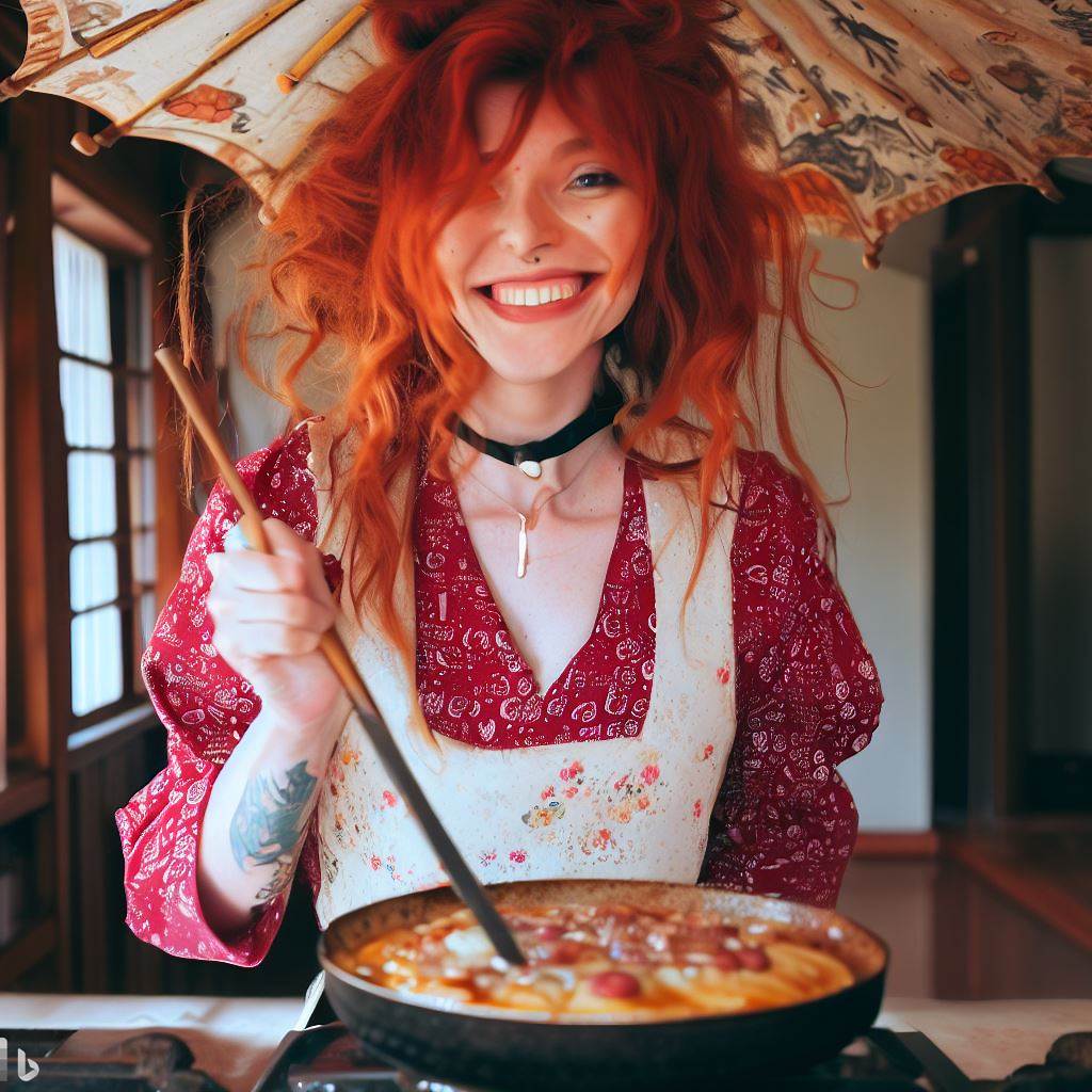 A photograph of me (a 29-year-old white green-eyed woman with vibrant red hair tied in a loose, messy bun, wearing vintage clothing) flipping an Okonomiyaki pancake in a skillet, smiling towards the camera.