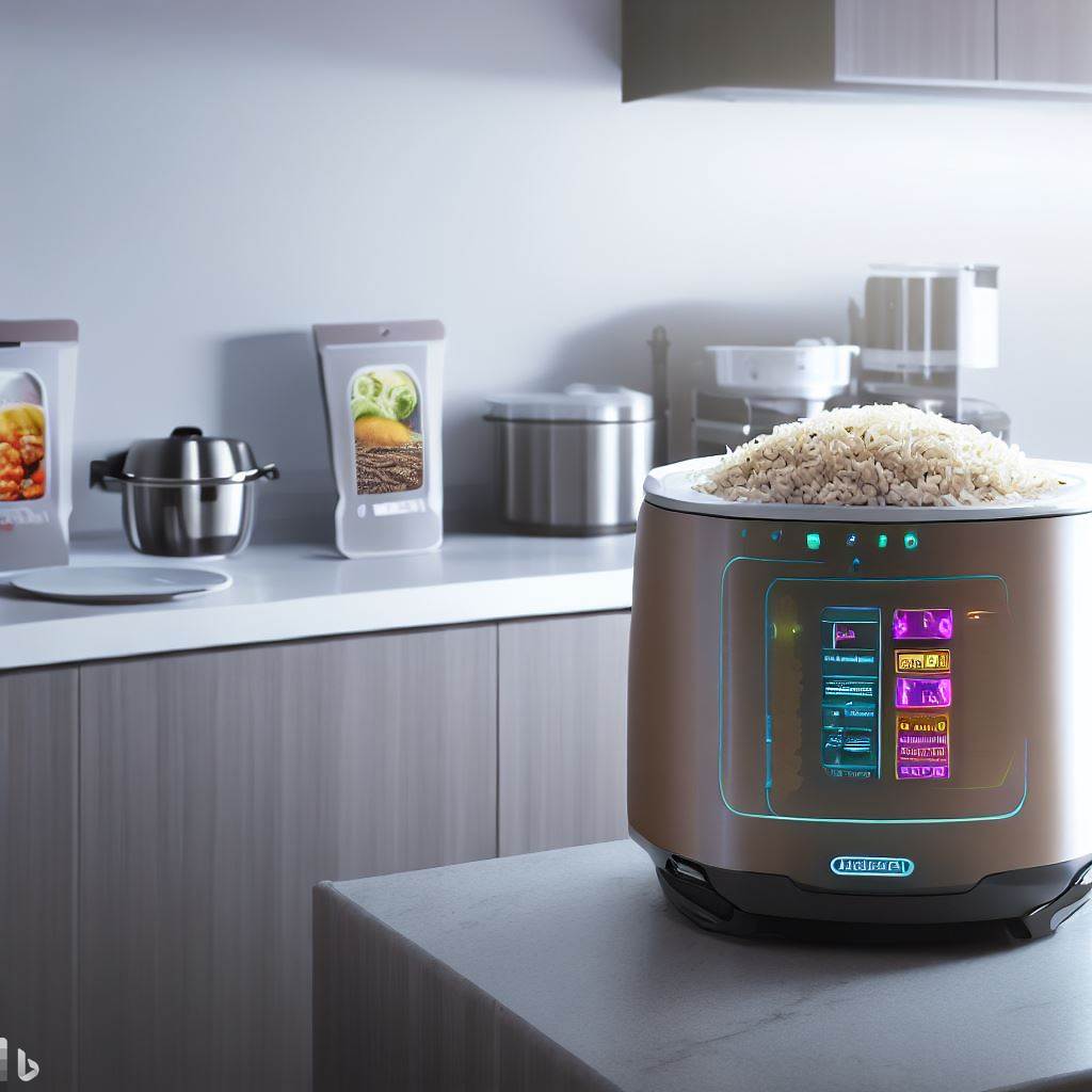A modern kitchen countertop featuring a smart rice cooker with an AI interface, displaying different types of rice and their nutritional values.
