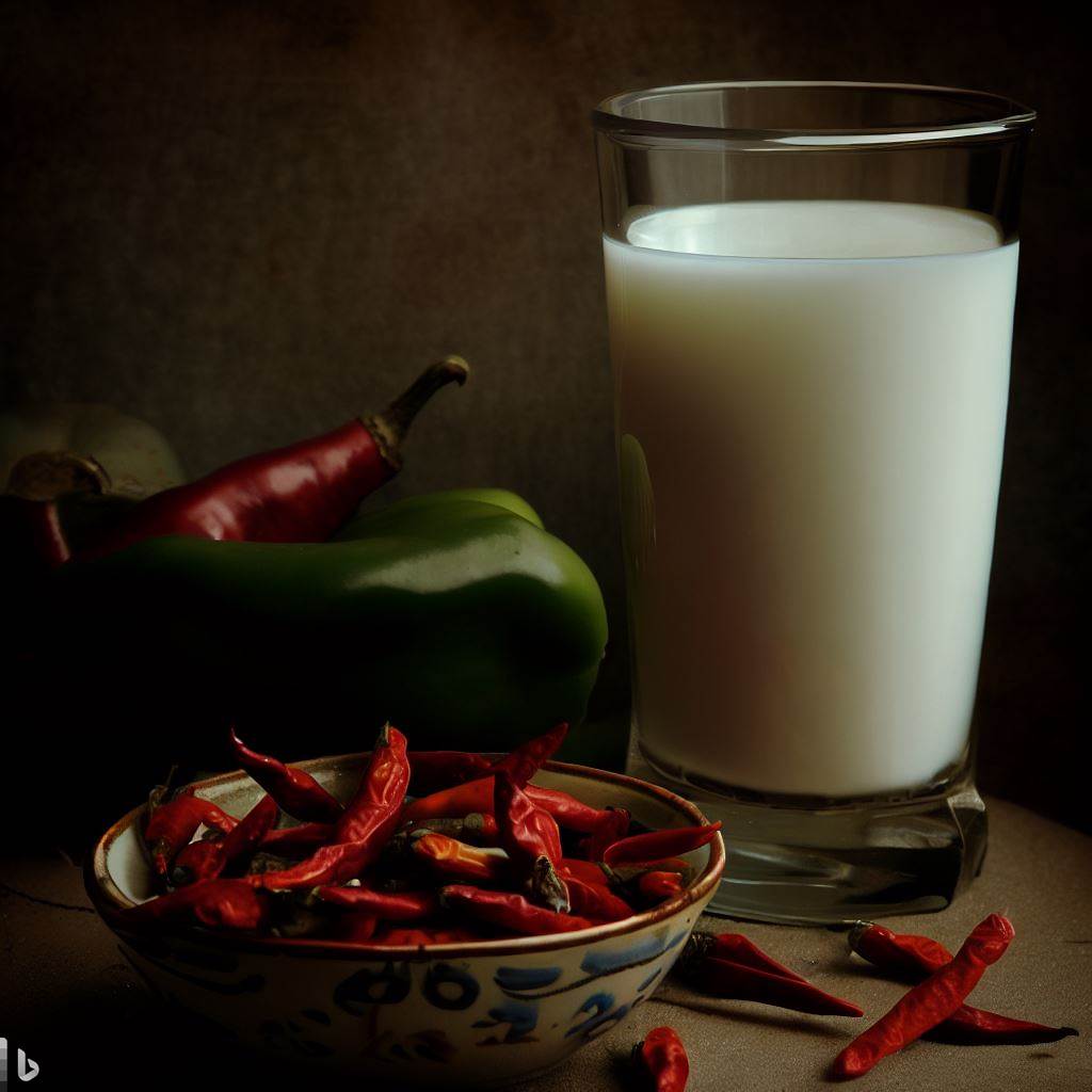 Create an image featuring a glass of milk next to a bowl of chiles, signifying the immediate relief from the heat.