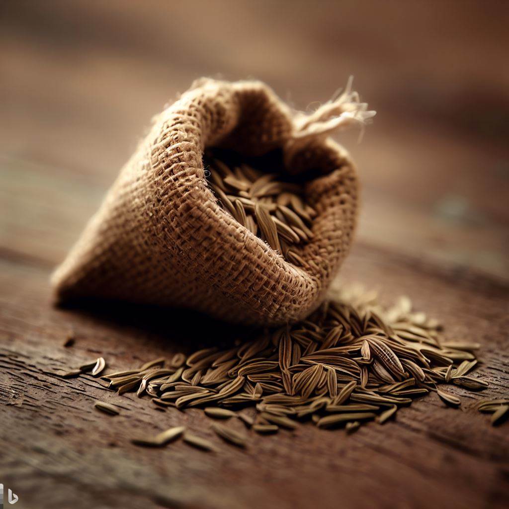 Create an image of a small sachet of cumin seeds displayed on a rustic wooden table.