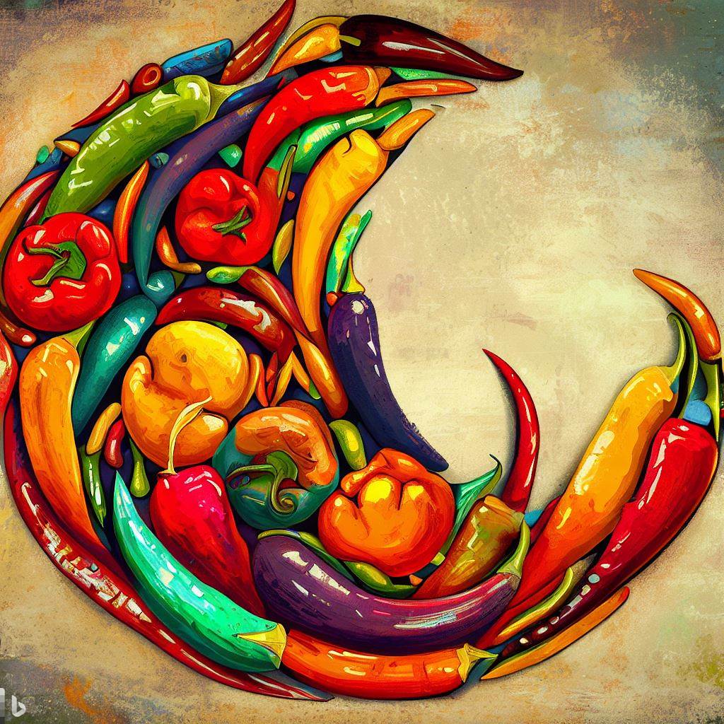 An artful illustration of various types of chiles in vibrant colors, arranged in a crescent moon shape against a rustic kitchen backdrop.