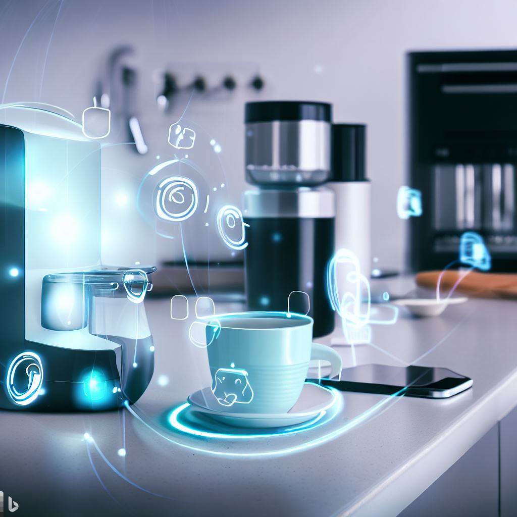 A futuristic kitchen countertop where a smart coffee maker is connected to various smart home devices like smartphones and tablets, illustrating the Internet of Things in coffee making.