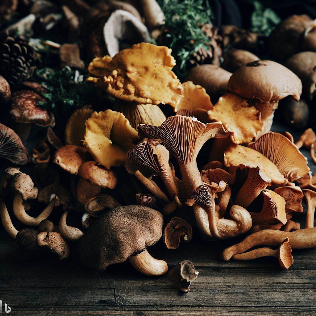 A rustic wooden table topped with an assortment of freshly foraged mushrooms like chanterelles, morels, and shiitakes.