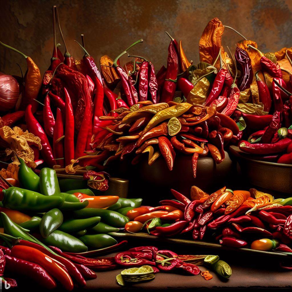 A lavish spread of various types of fresh and dried chiles against a rustic background.
