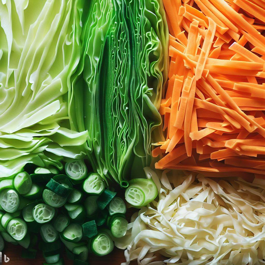 A photograph of thinly sliced green cabbage, shredded carrots, and chopped green onions neatly laid out on a wooden cutting board. Capture the vibrant colors and textures.