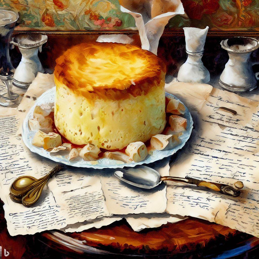 A painting-like illustration capturing a magnificent cheese soufflé on an antique dining table, accompanied by vintage cutlery and a handwritten 18th-century French cookbook opened to the recipe for soufflé.